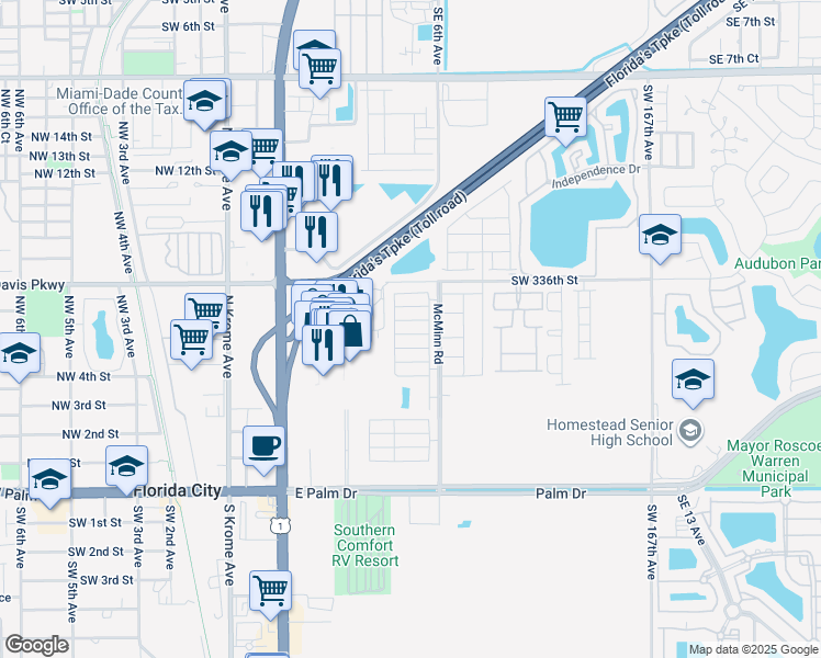 map of restaurants, bars, coffee shops, grocery stores, and more near 440 Northeast 5th Street in Florida City