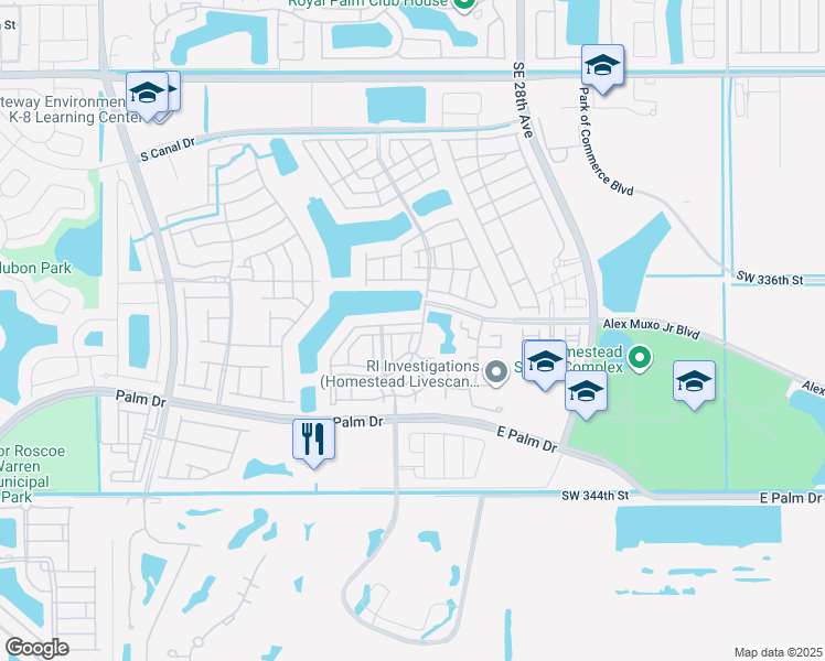 map of restaurants, bars, coffee shops, grocery stores, and more near 1936 Southeast 24th Terrace in Homestead