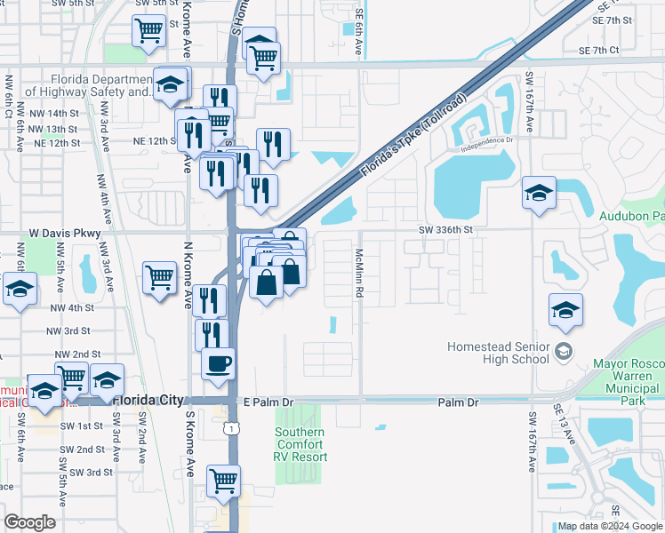 map of restaurants, bars, coffee shops, grocery stores, and more near 440 Northeast 5th Street in Florida City