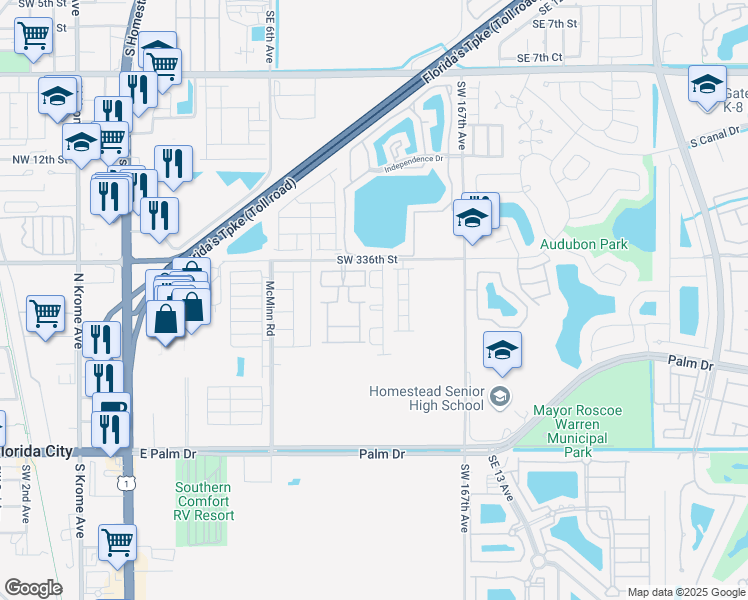 map of restaurants, bars, coffee shops, grocery stores, and more near 875 Southeast 17th Court in Homestead