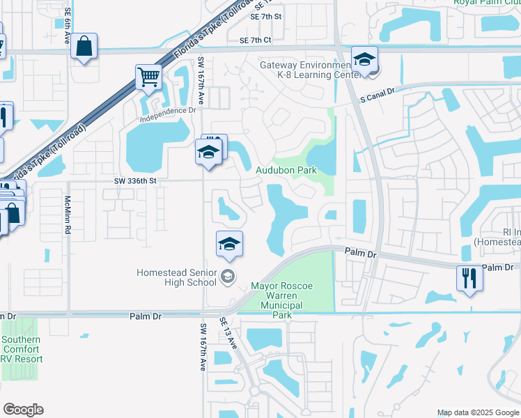map of restaurants, bars, coffee shops, grocery stores, and more near 1444 Yellowthroat Street in Homestead
