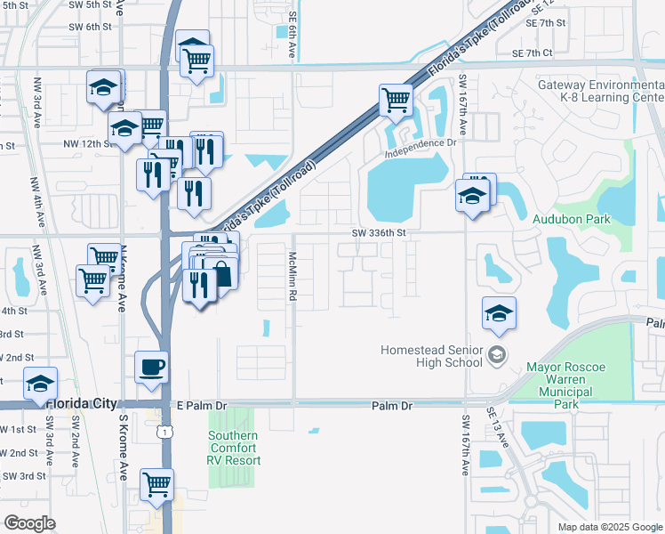 map of restaurants, bars, coffee shops, grocery stores, and more near 525 Northeast 6th Place in Homestead
