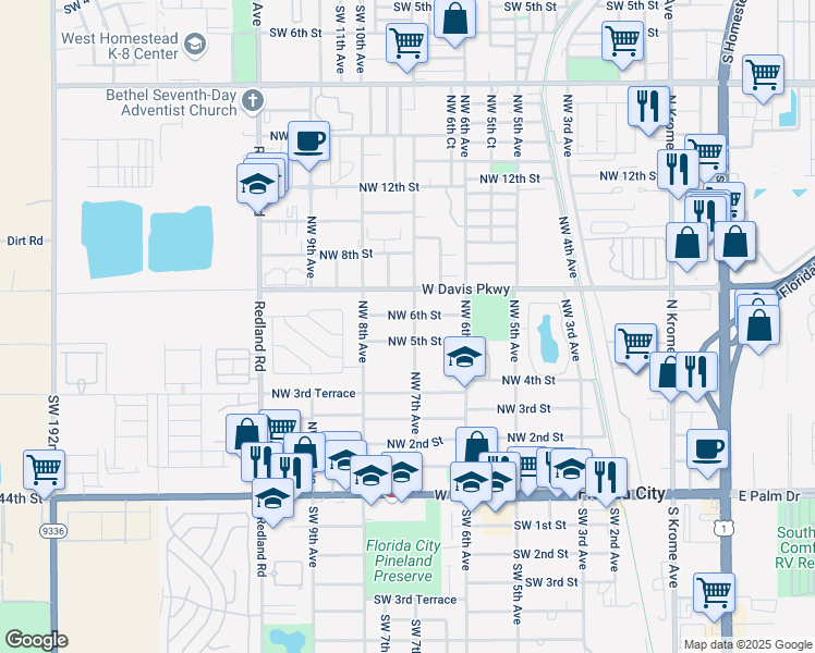 map of restaurants, bars, coffee shops, grocery stores, and more near 524 Northwest 7th Avenue in Florida City