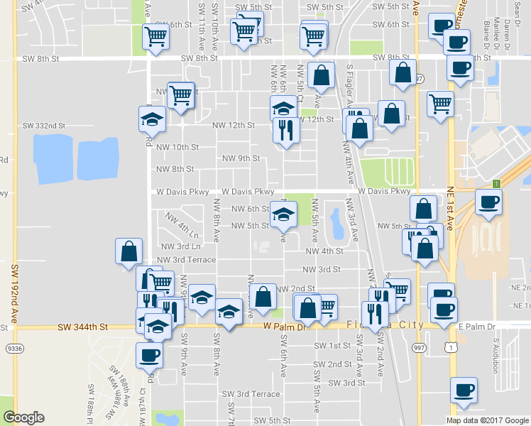 map of restaurants, bars, coffee shops, grocery stores, and more near 680 Northwest 5th Street in Florida City