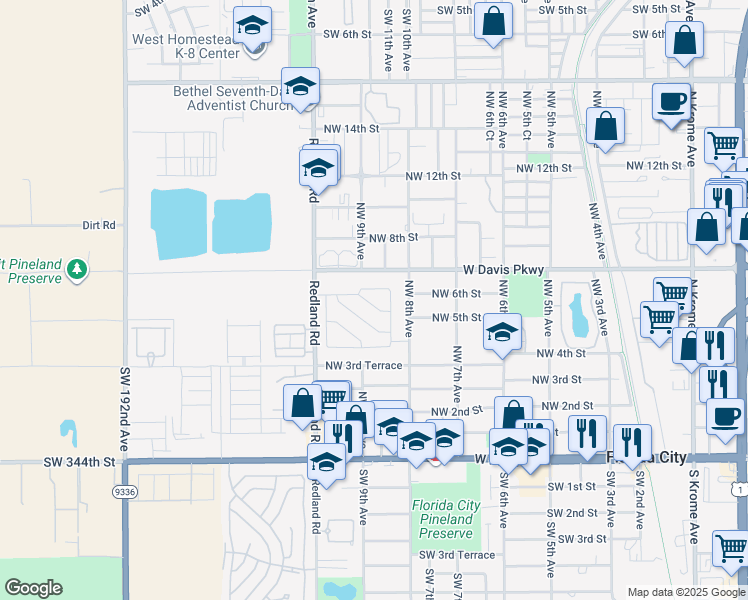 map of restaurants, bars, coffee shops, grocery stores, and more near 916 Northwest 4th Lane in Florida City