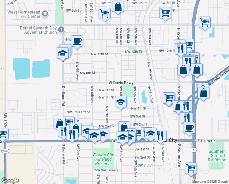 map of restaurants, bars, coffee shops, grocery stores, and more near 600 Northwest 5th Street in Florida City