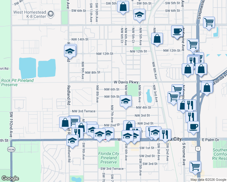 map of restaurants, bars, coffee shops, grocery stores, and more near 680 Northwest 5th Street in Florida City