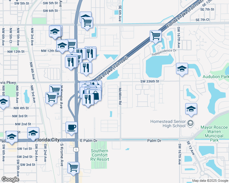map of restaurants, bars, coffee shops, grocery stores, and more near 440 Northeast 5th Street in Florida City