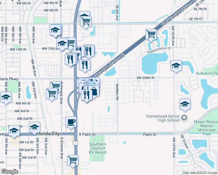 map of restaurants, bars, coffee shops, grocery stores, and more near 440 Northeast 5th Street in Florida City