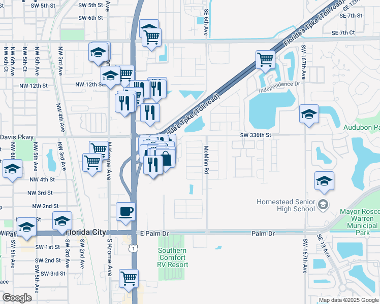 map of restaurants, bars, coffee shops, grocery stores, and more near 440 Northeast 5th Street in Florida City
