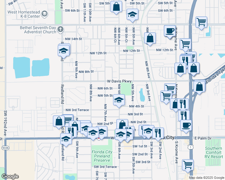 map of restaurants, bars, coffee shops, grocery stores, and more near 680 Northwest 5th Street in Florida City