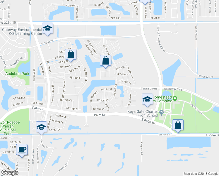 map of restaurants, bars, coffee shops, grocery stores, and more near 2429 Southeast 19th Street in Homestead