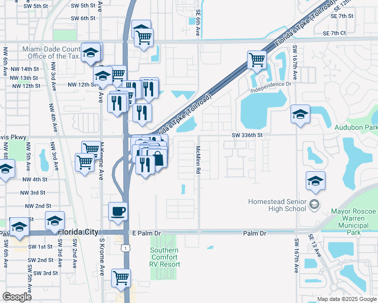 map of restaurants, bars, coffee shops, grocery stores, and more near 440 Northeast 5th Street in Florida City