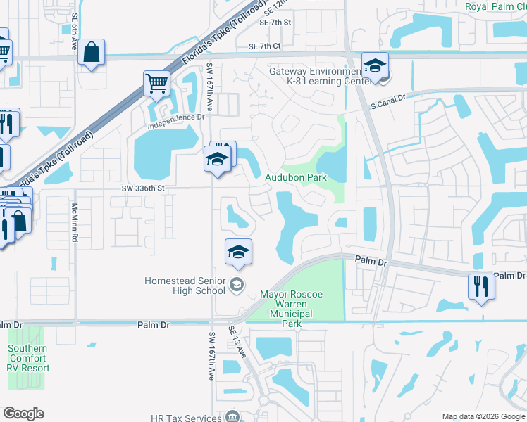 map of restaurants, bars, coffee shops, grocery stores, and more near 1444 Yellowthroat Street in Homestead