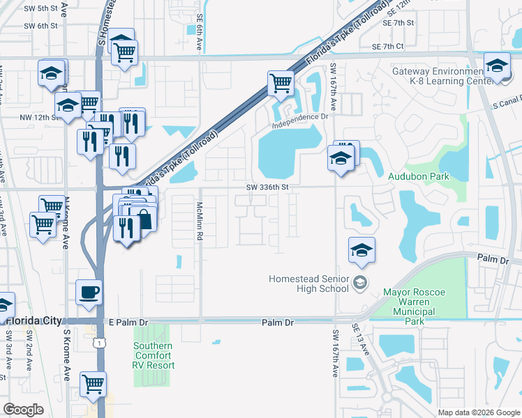 map of restaurants, bars, coffee shops, grocery stores, and more near 814 Southeast 17 Street in Homestead