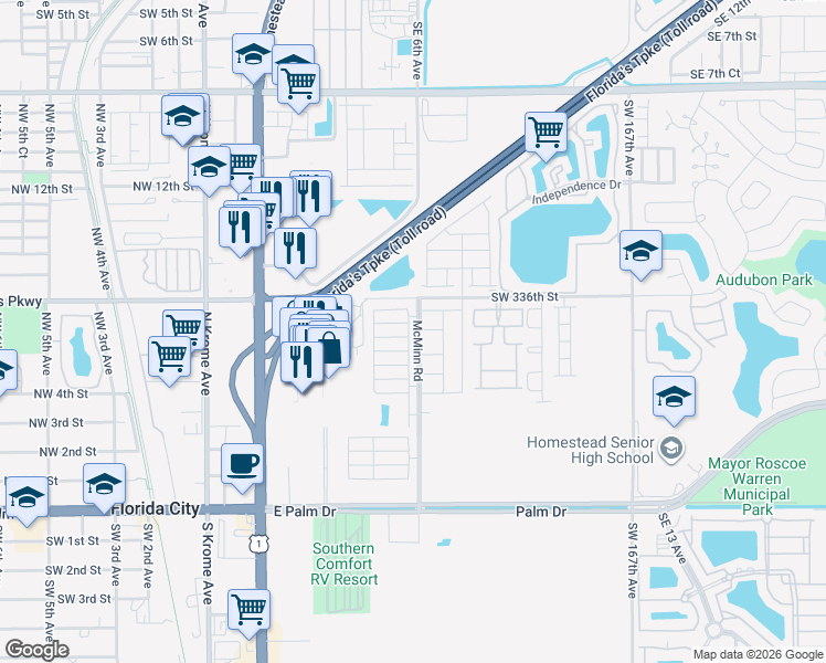 map of restaurants, bars, coffee shops, grocery stores, and more near 600 Northeast 5th Street in Florida City