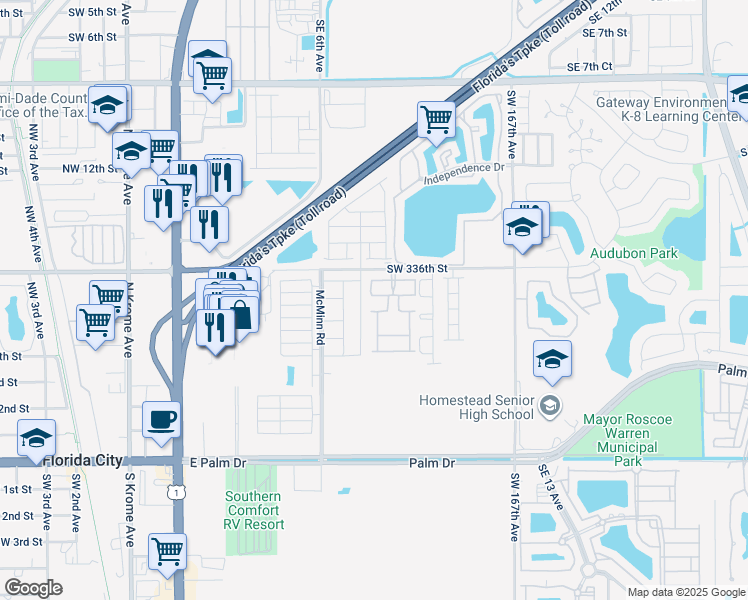 map of restaurants, bars, coffee shops, grocery stores, and more near 814 Southeast 17 Street in Homestead
