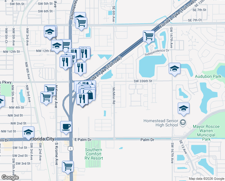 map of restaurants, bars, coffee shops, grocery stores, and more near 600 Northeast 5th Street in Florida City
