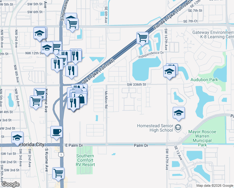 map of restaurants, bars, coffee shops, grocery stores, and more near 525 Northeast 6th Place in Homestead