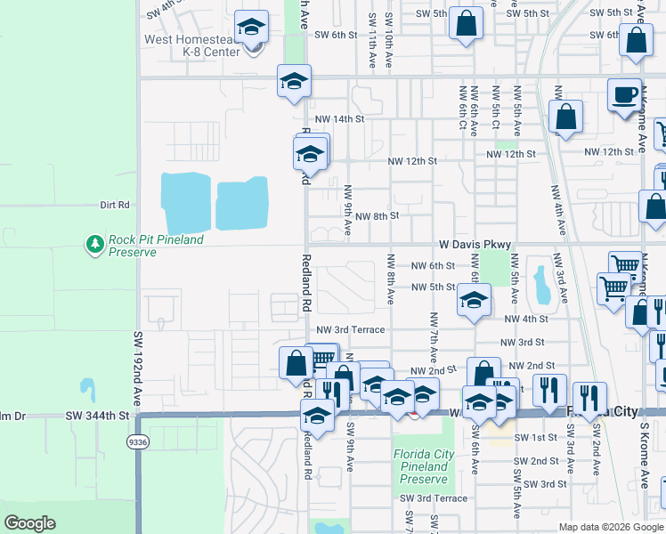 map of restaurants, bars, coffee shops, grocery stores, and more near 916 Northwest 4th Lane in Florida City
