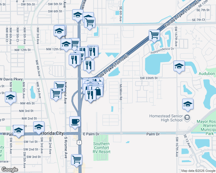 map of restaurants, bars, coffee shops, grocery stores, and more near 440 Northeast 5th Street in Florida City