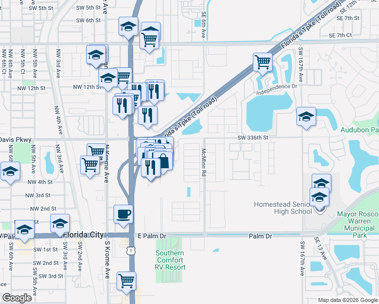 map of restaurants, bars, coffee shops, grocery stores, and more near 440 Northeast 5th Street in Florida City