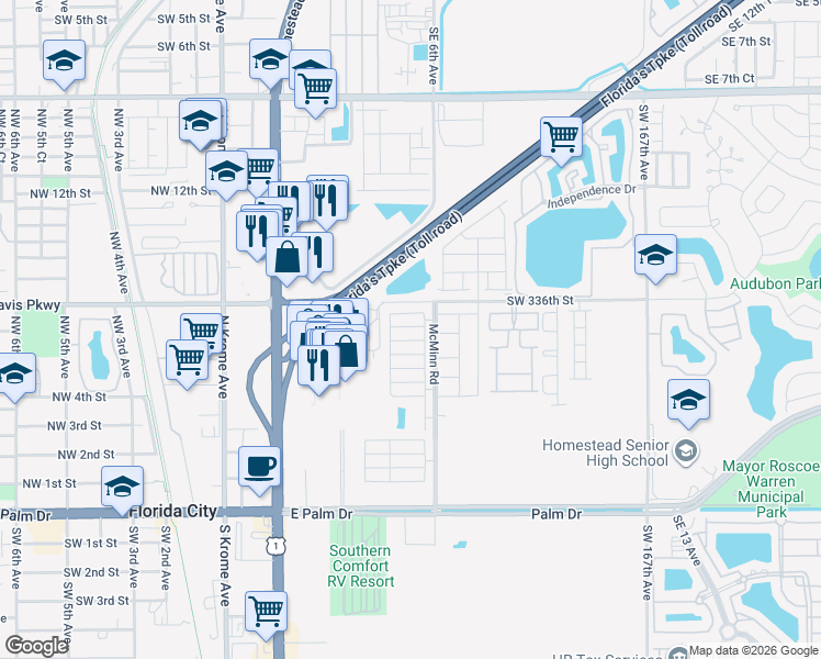 map of restaurants, bars, coffee shops, grocery stores, and more near 544 Northeast 5th Way in Florida City