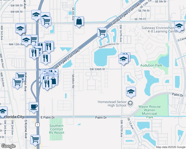 map of restaurants, bars, coffee shops, grocery stores, and more near 903 Northwest 16th Street in Homestead