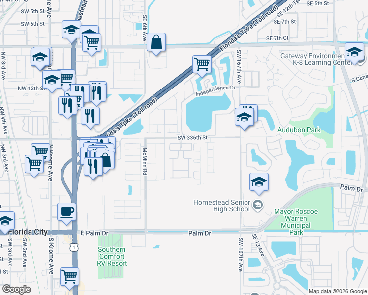 map of restaurants, bars, coffee shops, grocery stores, and more near 903 Northwest 16th Street in Homestead