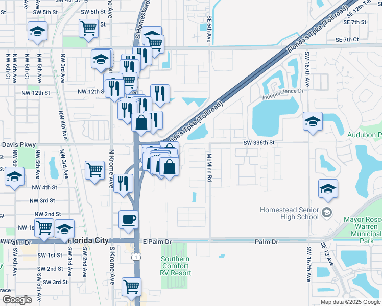 map of restaurants, bars, coffee shops, grocery stores, and more near 544 Northeast 5th Way in Florida City