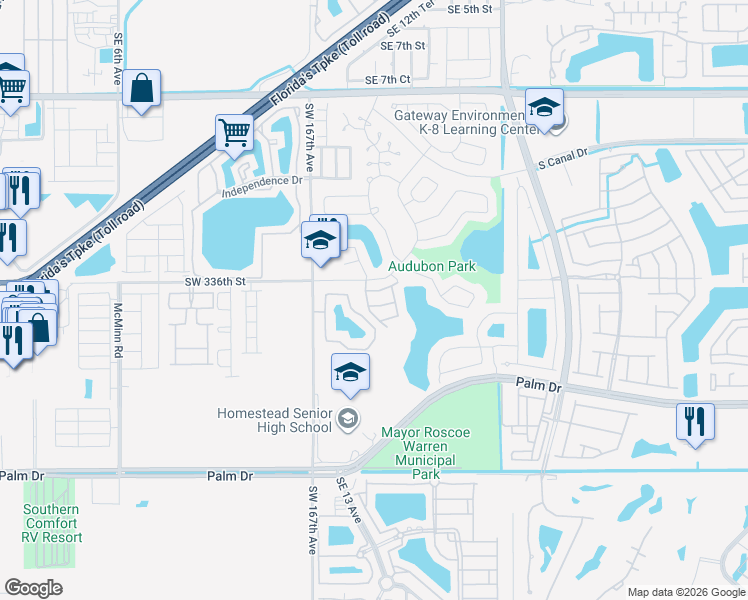 map of restaurants, bars, coffee shops, grocery stores, and more near 1630 Sandpiper Boulevard in Homestead