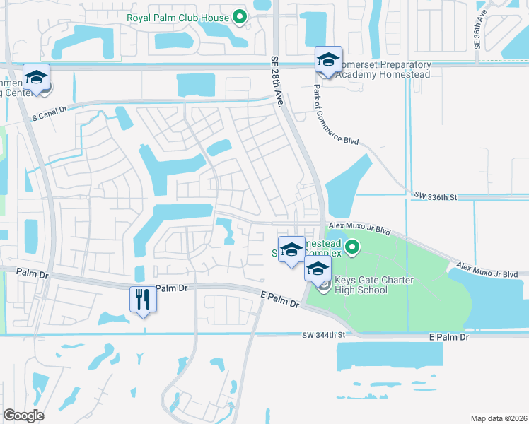 map of restaurants, bars, coffee shops, grocery stores, and more near 1470 Southeast 26th Avenue in Homestead