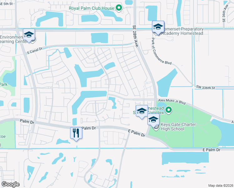 map of restaurants, bars, coffee shops, grocery stores, and more near 2498 Southeast 15th Court in Homestead