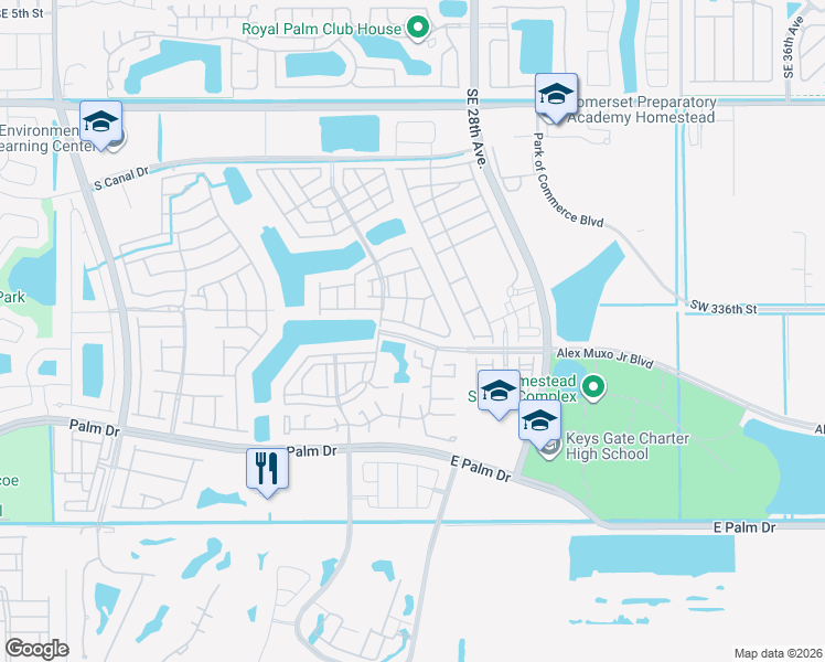 map of restaurants, bars, coffee shops, grocery stores, and more near 2498 Southeast 15th Court in Homestead