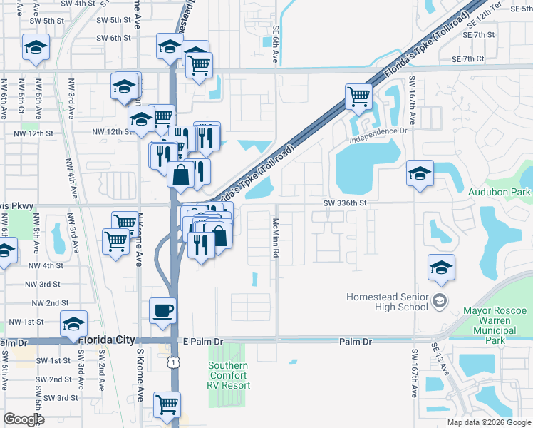 map of restaurants, bars, coffee shops, grocery stores, and more near 601 Northeast 5th Way in Florida City