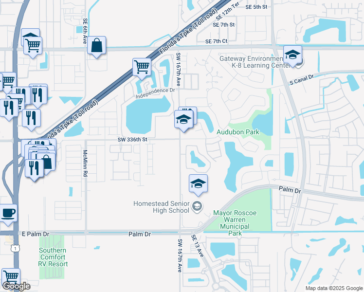 map of restaurants, bars, coffee shops, grocery stores, and more near 1204 San Remo Circle in Homestead