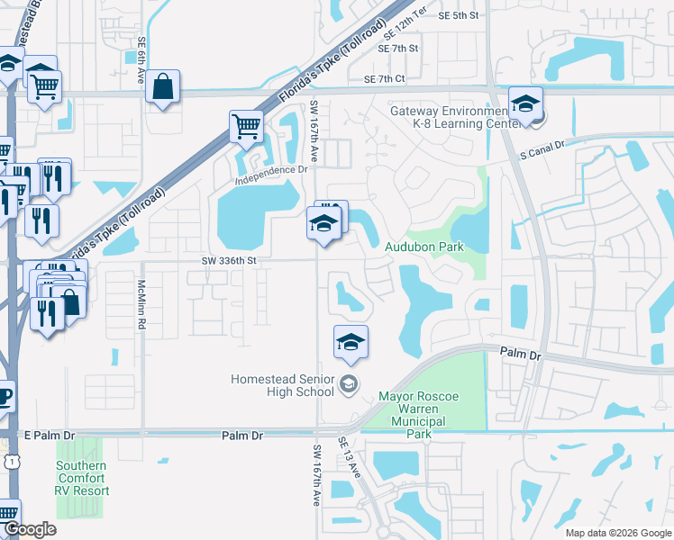 map of restaurants, bars, coffee shops, grocery stores, and more near 1400 San Remo Circle in Homestead