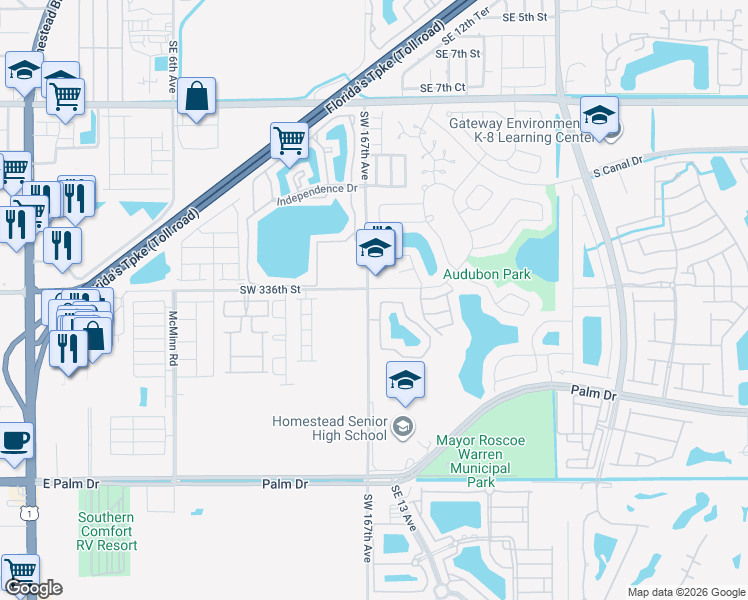 map of restaurants, bars, coffee shops, grocery stores, and more near 1400 San Remo Circle in Homestead