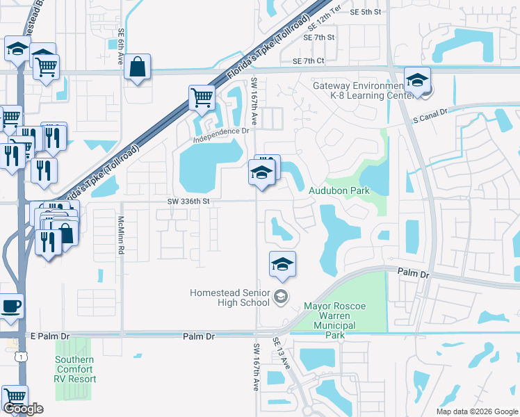 map of restaurants, bars, coffee shops, grocery stores, and more near 1400 San Remo Circle in Homestead