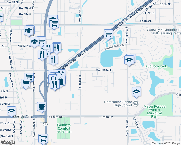 map of restaurants, bars, coffee shops, grocery stores, and more near 585 McMinn Road in Florida City
