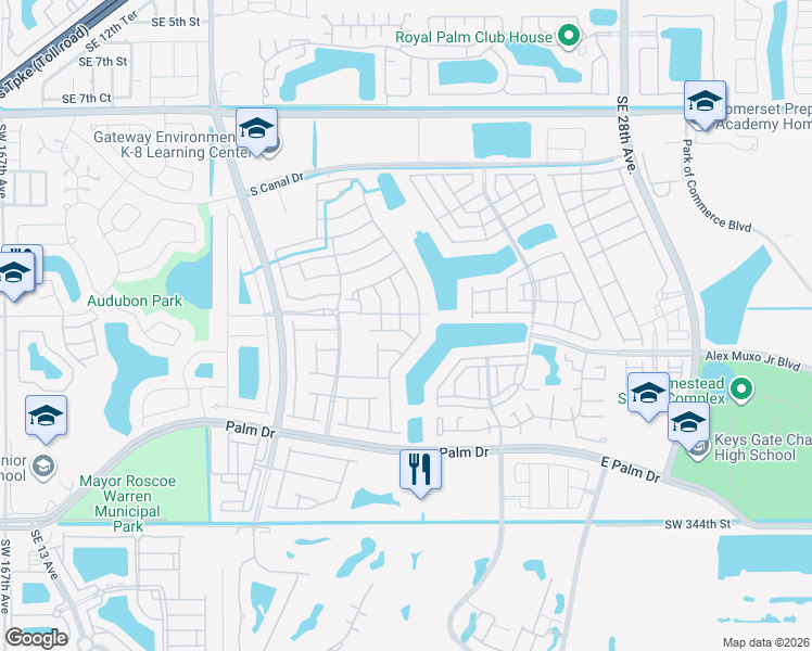 map of restaurants, bars, coffee shops, grocery stores, and more near 1625 Southeast 20th Place in Homestead