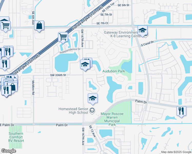 map of restaurants, bars, coffee shops, grocery stores, and more near 1630 Sandpiper Boulevard in Homestead
