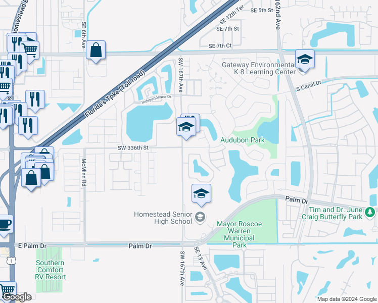 map of restaurants, bars, coffee shops, grocery stores, and more near 1400 San Remo Circle in Homestead