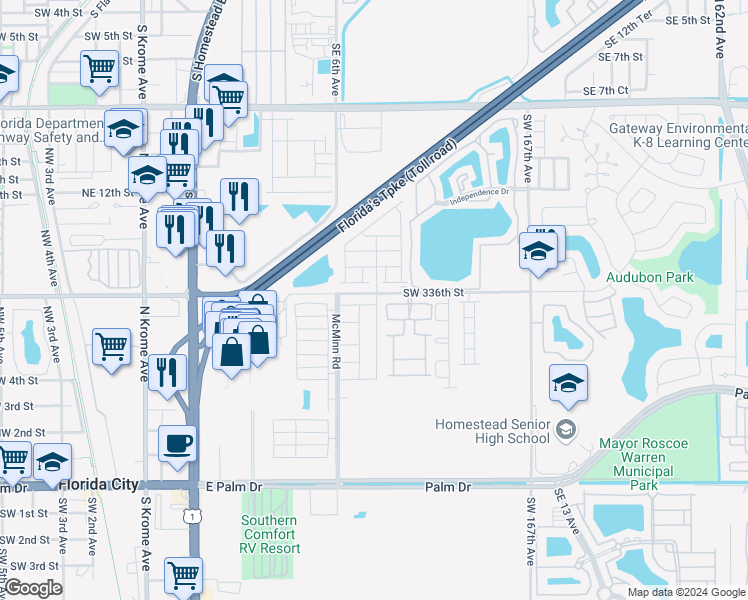 map of restaurants, bars, coffee shops, grocery stores, and more near 585 Southwest 6th place in Homestead
