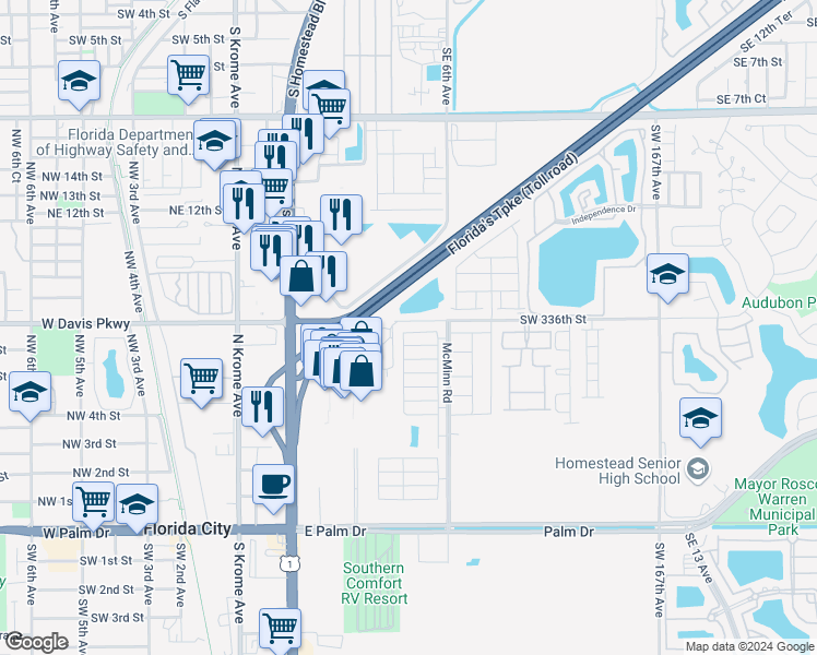 map of restaurants, bars, coffee shops, grocery stores, and more near 544 Northeast 5th Way in Florida City