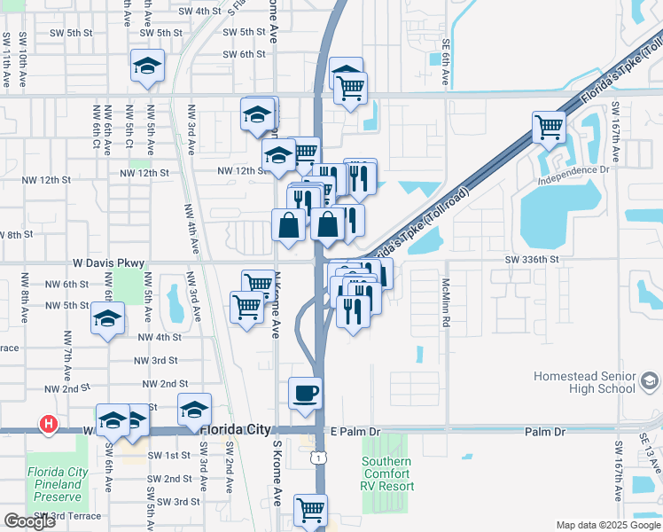 map of restaurants, bars, coffee shops, grocery stores, and more near 553 Northeast 1st Avenue in Florida City