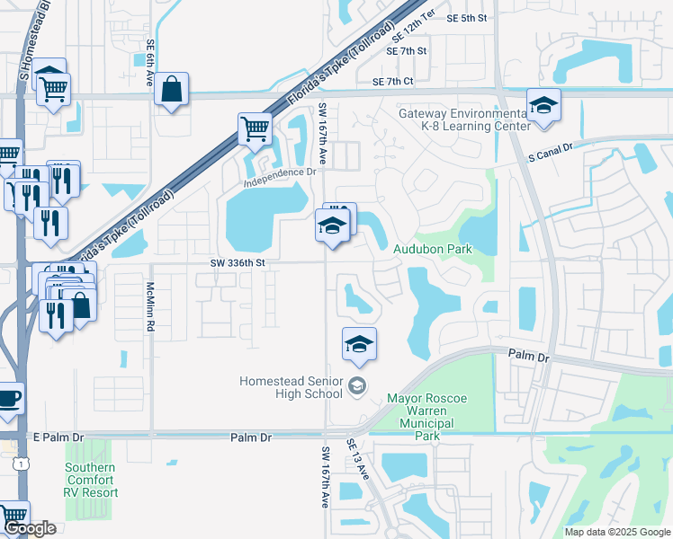 map of restaurants, bars, coffee shops, grocery stores, and more near 1400 San Remo Circle in Homestead