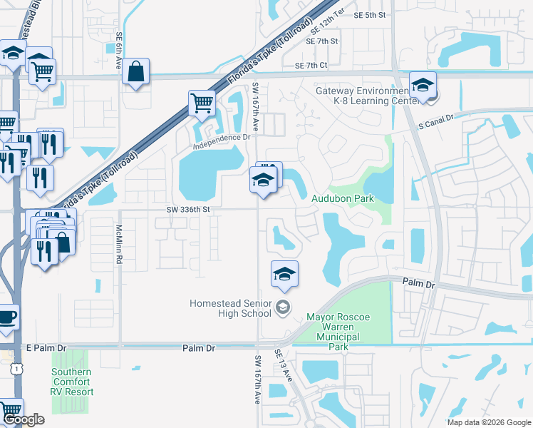 map of restaurants, bars, coffee shops, grocery stores, and more near 1400 San Remo Circle in Homestead