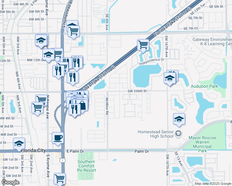 map of restaurants, bars, coffee shops, grocery stores, and more near 585 Southwest 6th place in Homestead