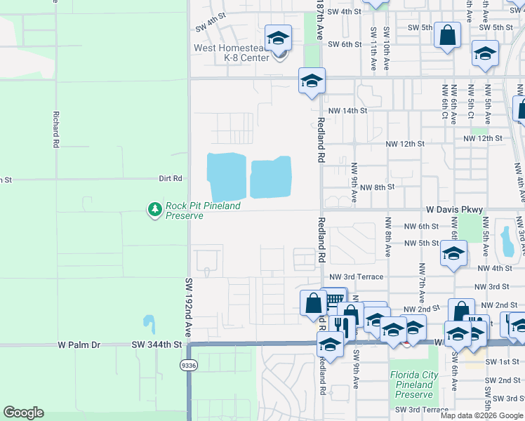 map of restaurants, bars, coffee shops, grocery stores, and more near Southwest 336th Street in Florida City